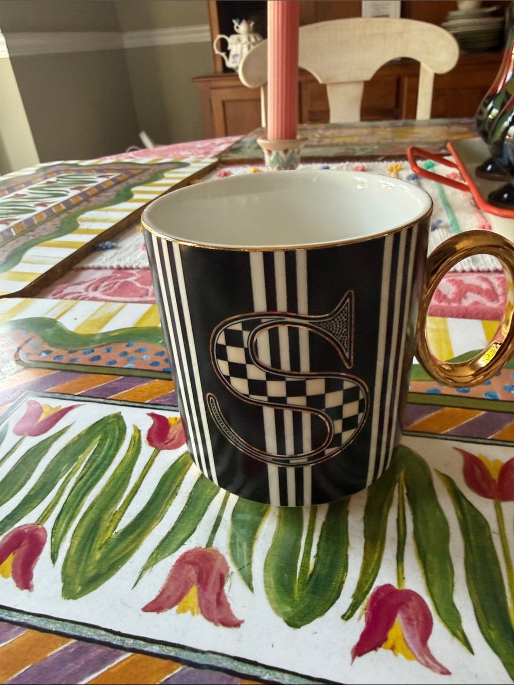 MacKenzie-Childs Black and Gold Monogram 'S' Mug